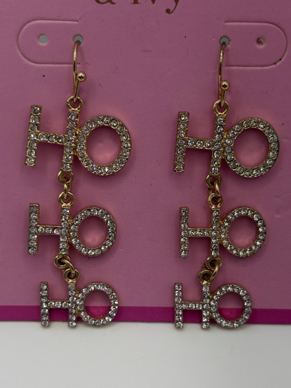 crown & ivy Gold-tone 'HO HO HO' Rhinestone Drop Earrings 2” long - Picture 3 of 4